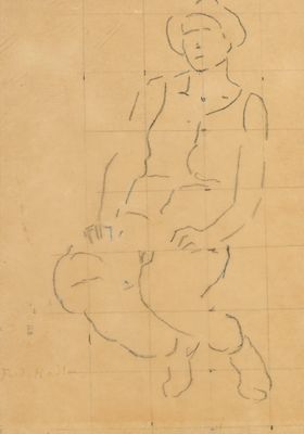 dessin représentant un homme assis sur un tabouret, coiffé d'un chapeau