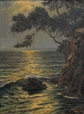 une image représentant un tableau où l'on voit la lune se coucher sur l'océan
