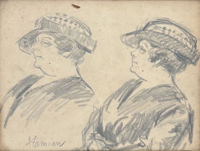 drawing of two women in hats, one wearing a hat and the other wearing a dress