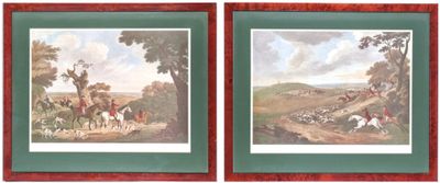 deux tableaux encadrés représentant des chevaux et des cavaliers dans un paysage boisé