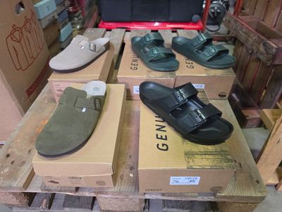 several pairs of men ' s shoes sitting on top of boxes on a pallet