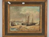 an oil painting of boats on the beach by a body of water