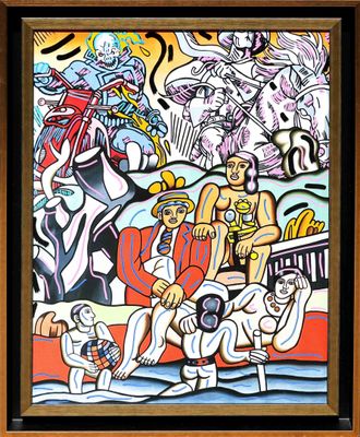 painting of a group of people sitting on a bench in front of a painting