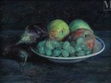 tableau représentant un bol de fruits et de légumes posé sur une table