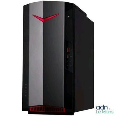 L'ordinateur est noir et rouge, avec un logo rouge dessus.