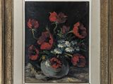 painting of red and white flowers in a vase on a table