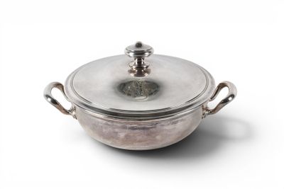 a silver pot with a lid on a white surface