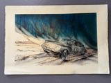 painting of an old car in the snow with a surfboard on top of it