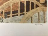a picture of a painting of a man walking on a bridge
