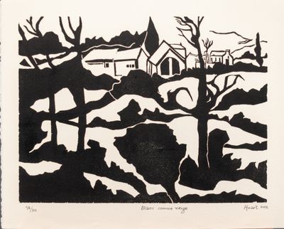 an image of a black and white drawing of a house in the woods