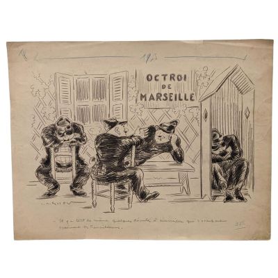 un vieux dessin représentant trois chiens assis sur un banc devant un magasin