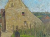 tableau représentant une femme marchant sur un chemin de terre devant un bâtiment en pierre