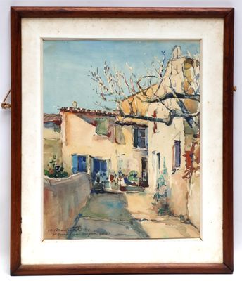 an oil painting of a street scene with a house and a car
