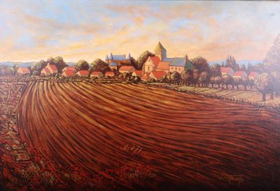 painting of a farm with plowed fields and a church in the distance