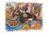 a drawing of a group of people riding on a boat