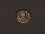 an old coin with a lion on it sitting on a black surface