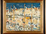 an oil painting of a harbor scene with boats and people on the water