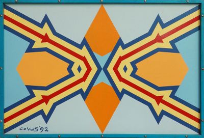 tableau représentant un motif géométrique bleu et jaune, rehaussé de touches de rouge, de jaune et de bleu