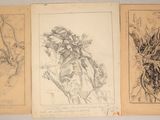 trois dessins de fleurs sont accrochés en rangée sur un mur