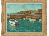 an image of a painting of boats in the water near a pier