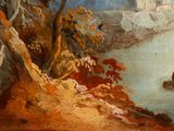 painting of a river with a castle in the distance and trees in the foreground