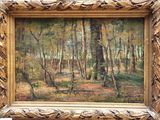 an oil painting of a wooded scene with trees in the foreground
