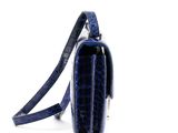 a close up of a blue bag on a white background