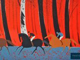 a painting of a group of people riding horses in the woods