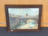 an oil painting of a bridge over a river with buildings in the background