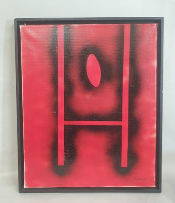 une peinture rouge et noire représentant la lettre « h » sur fond blanc