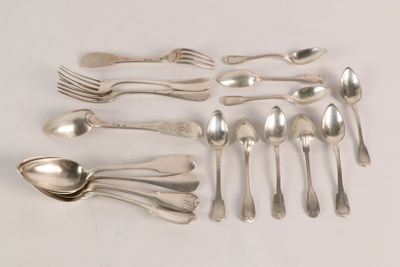 a lot of silver spoons and spoons on the table