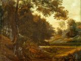 tableau représentant un paysage boisé avec un ruisseau et des arbres au premier plan