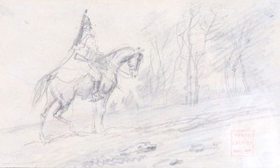 dessin représentant un homme à cheval avec un drapeau sur le dos