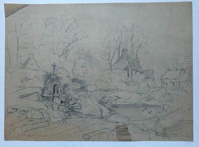 dessin au crayon représentant un paysage avec un château et une rivière