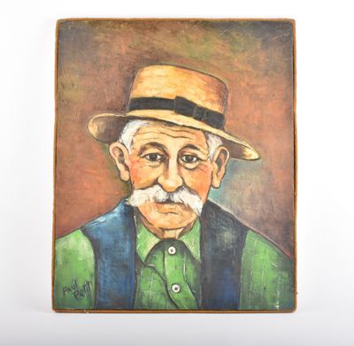 tableau représentant un vieil homme portant un chapeau et une chemise verte