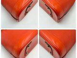 four different shots of a red purse on a white surface