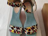 blue and yellow leopard print high heeled sandals