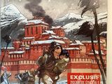 the cover of a comic book with an image of a man on skis in front of a building