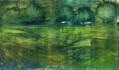 a picture of a painting of a river in the middle of the day