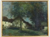 une image représentant une peinture d'une maison et d'un arbre dans un champ