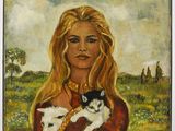 tableau représentant une femme tenant deux chatons dans un champ