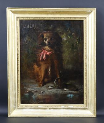 une peinture à l'huile représentant un chien avec un bandana rouge autour du cou