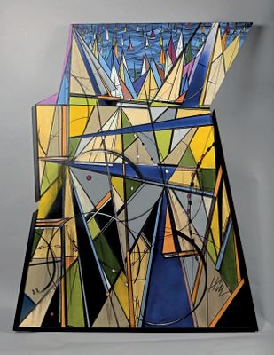 Peinture abstraite représentant un motif géométrique sur un mur blanc