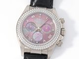 an image of a wrist watch with a pink dial and black leather strap