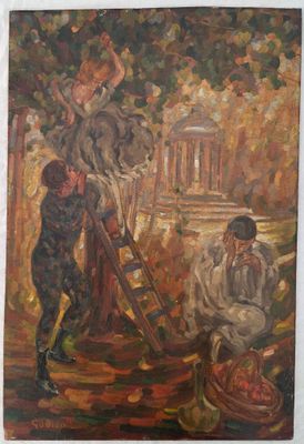 une peinture à l'huile représentant un homme sur une échelle, avec une femme à ses côtés