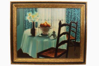tableau représentant une table sur laquelle sont posés un bol de fruits et un vase de fleurs