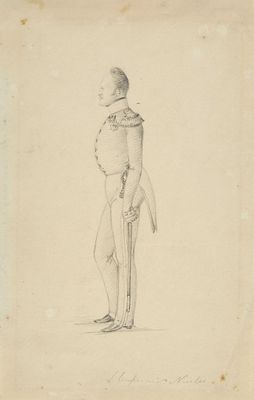 le dessin d'un homme en costume et chapeau, muni d'une canne