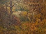 peinture représentant un cerf dans un environnement boisé, avec des arbres et de l'herbe