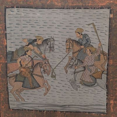 tableau représentant deux hommes à cheval dans un plan d'eau