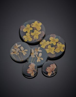 quatre sous-verres en verre ornés de fleurs pressées, posés sur un fond noir
